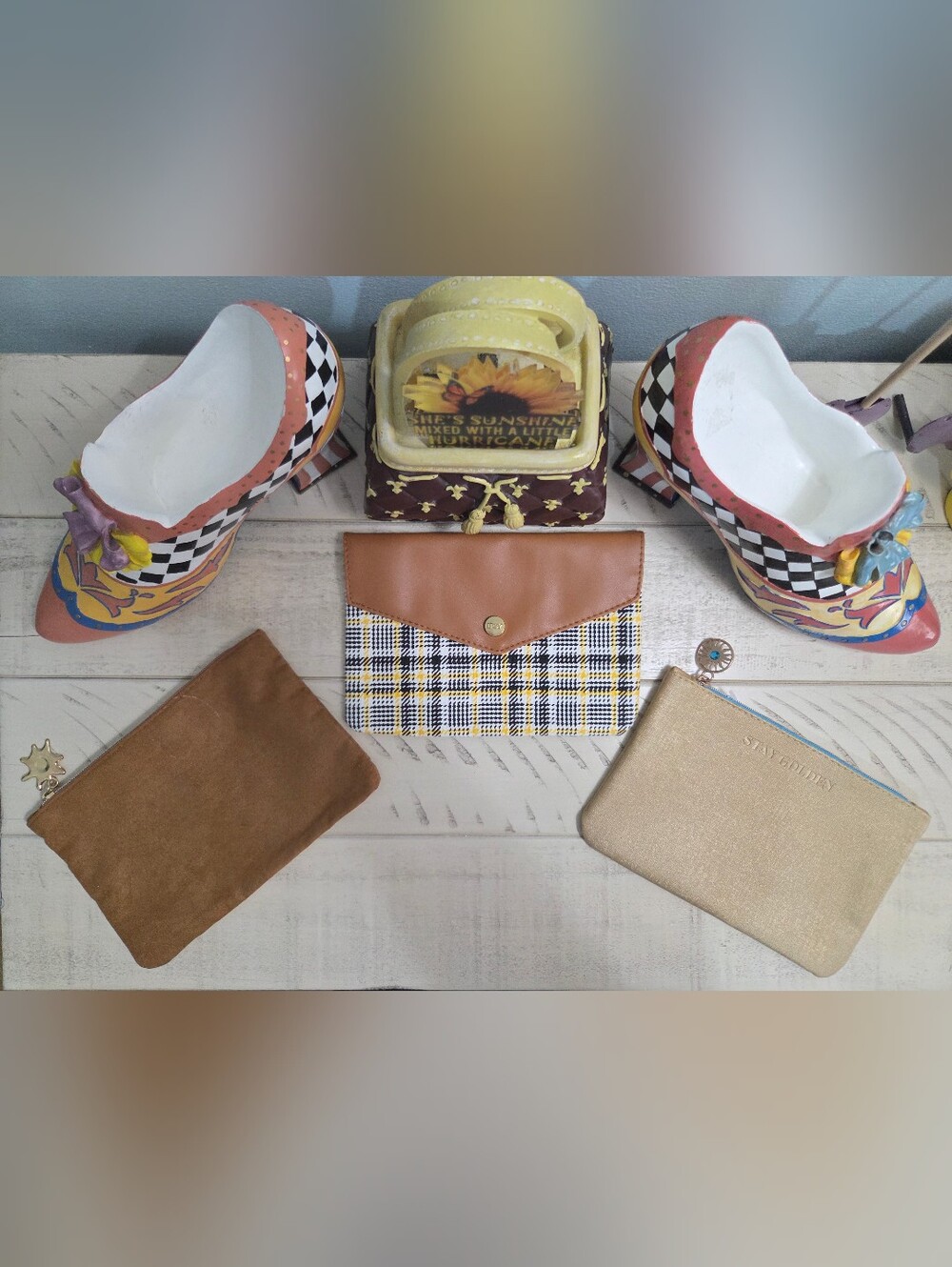 IPSY Cosmetic Bag 3pc Bundle – Plaid, Suede Sun & Stay Golden Lot, EUC